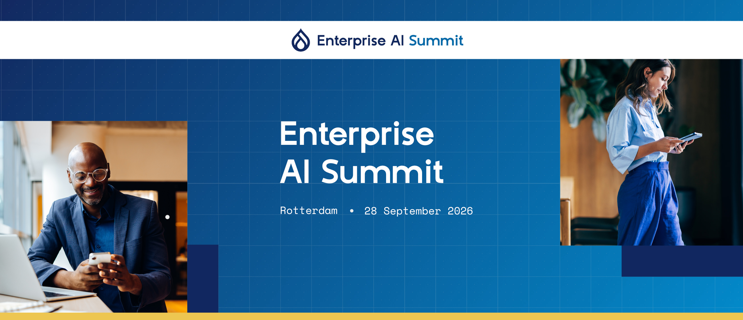 Enterprise AI Summit key visual: a blocky Rotterdam skyline on a navy-to-blue grid