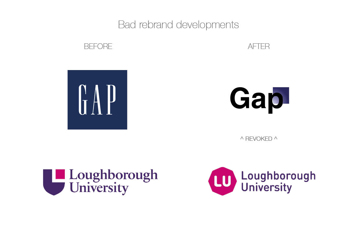 Example bad rebrands: Gap, Loughborough University