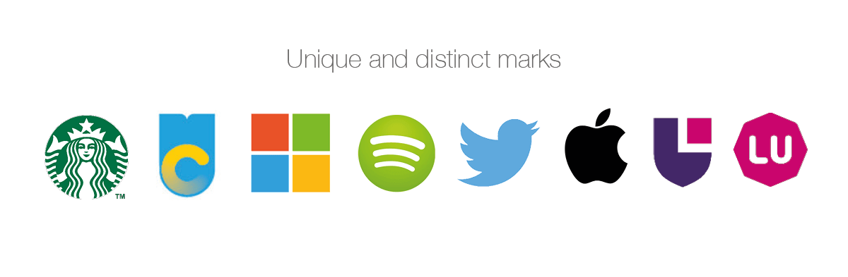 Examples of distinct marks including Starbucks, Microsoft, Spotify, Twitter, Apple