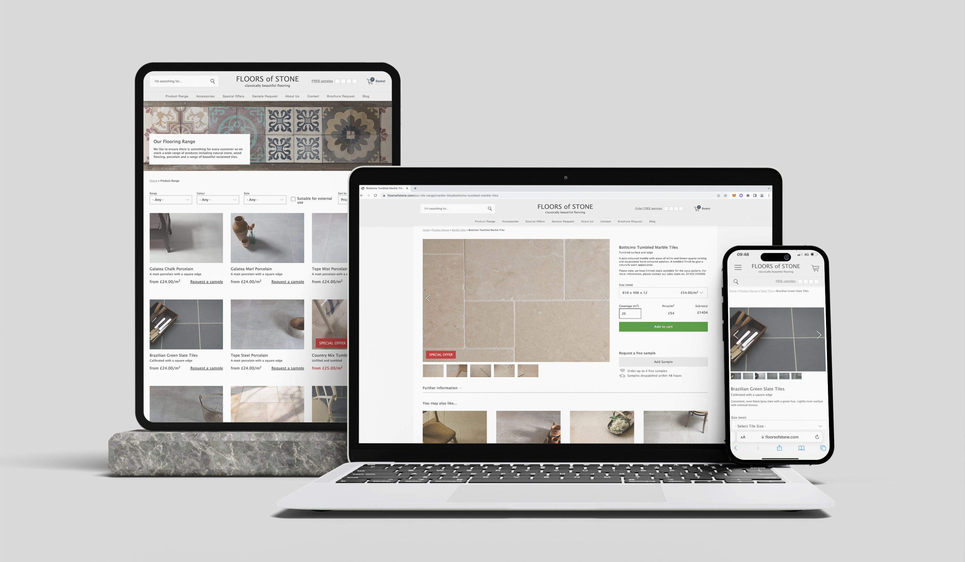Floors of Stone website on MacBook, iPad and iPhone